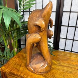 Vintage Hand Carved Dolphin Sculpture 1980's Wooden Sea Creatures Figure Decor